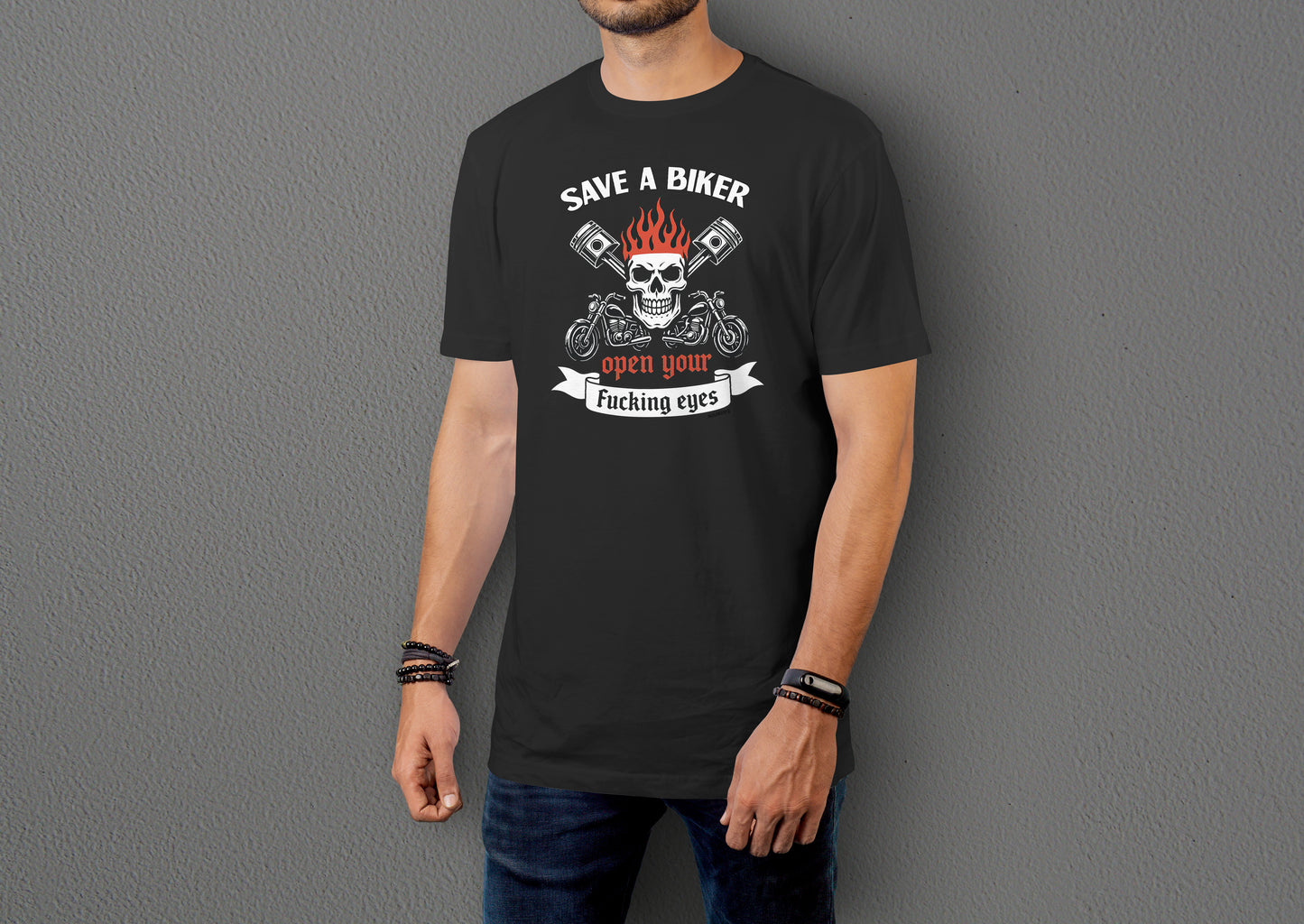 Save a Biker - Unisex Rahat Kalıp Baskılı Tişört - Moto Garage Collection