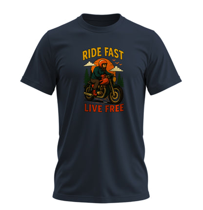 Ride Fast - Live Free Motosiklet - 10 Farklı Renk - Unisex Rahat Kalıp Baskılı Tişört - Moto Garage Collection